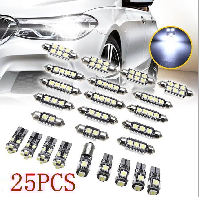 25 darabos autó belső LED világítási készlet, 12V, 5W, 0,18A, 6000K, univerzális T10/BA9S alapokkal (5050/1210)