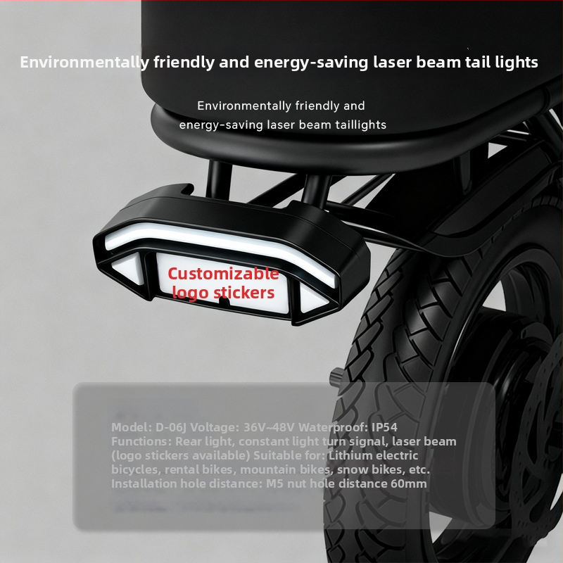 LED galinis žibintas dviračiui, modelis D-06J, įtampa 36-48V, šviesos srauto lygis II, tarnavimo laikas 15000 h