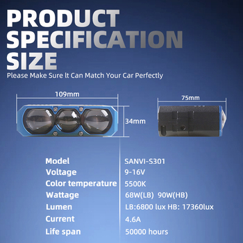 LED pracovné svetlo s lentou, model S301 s tromi LED diódami, stredová mriežka, 68–90W, 12V, IP67, 9500–13000 lx