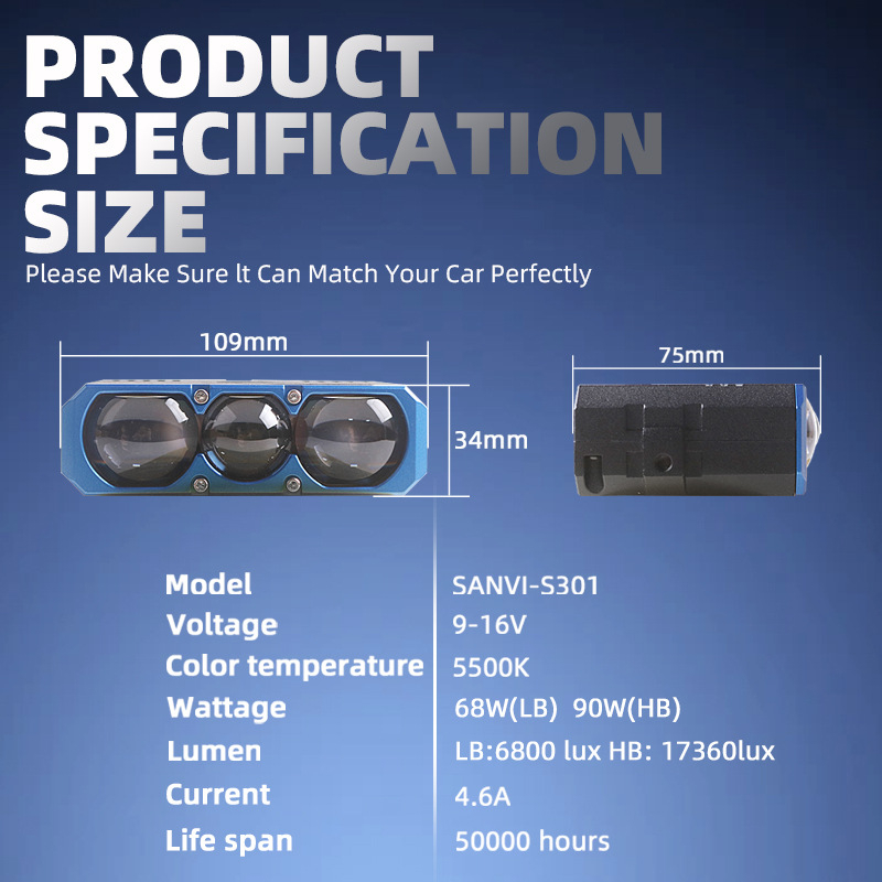 LED pracovné svetlo s lentou, model S301 s tromi LED diódami, stredová mriežka, 68–90W, 12V, IP67, 9500–13000 lx