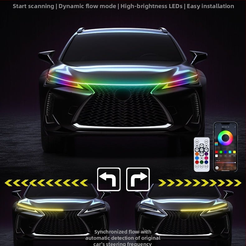 Автомобилна RGB LED лента за капак с динамично светене, 12V PVC, универсална съвместимост