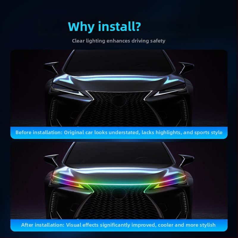 Автомобилна RGB LED лента за капак с динамично светене, 12V PVC, универсална съвместимост