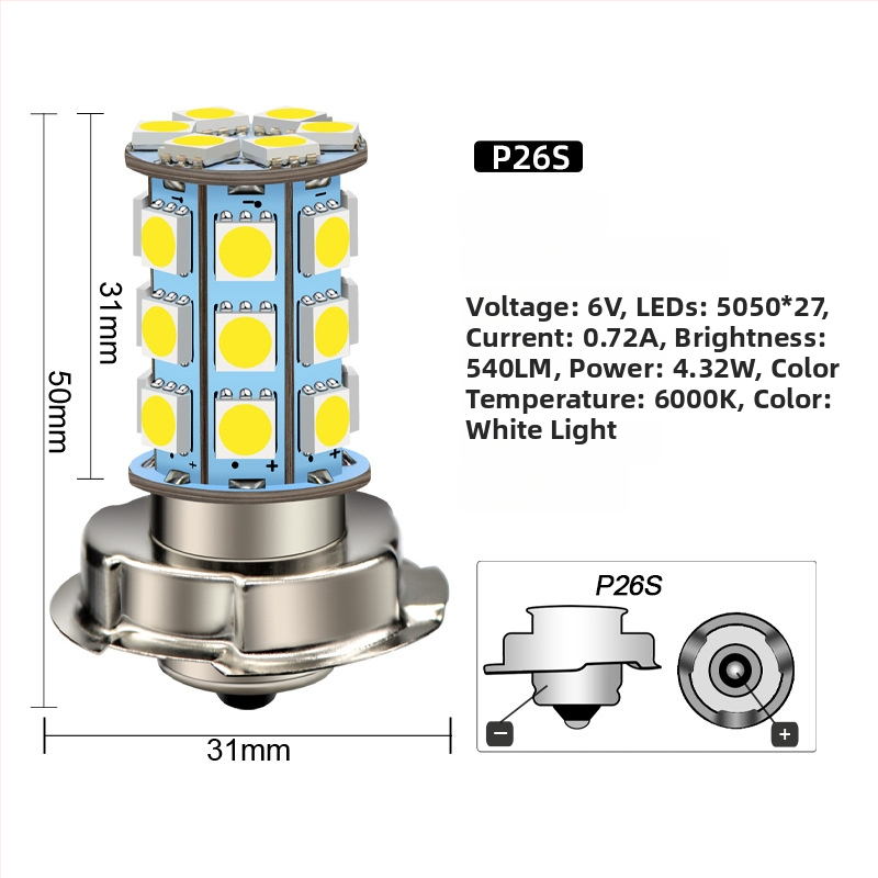 LED predný svetlomet na motorku P26S, 5050, 27 LED, 6V–12V, výmena predného svetla pre elektrické vozidlá