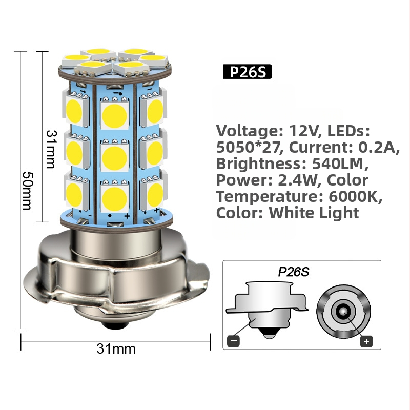LED predný svetlomet na motorku P26S, 5050, 27 LED, 6V–12V, výmena predného svetla pre elektrické vozidlá