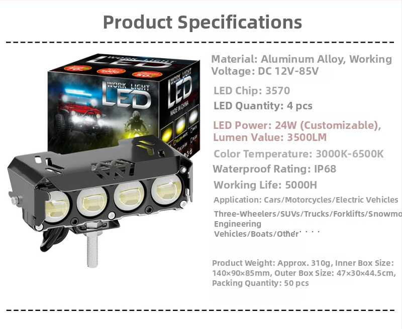 LED prednje svjetlo za motocikl — off-road, 24W, 14000 lm, IP68, 12-85V, aluminijska legura, LED 3570, Wilson