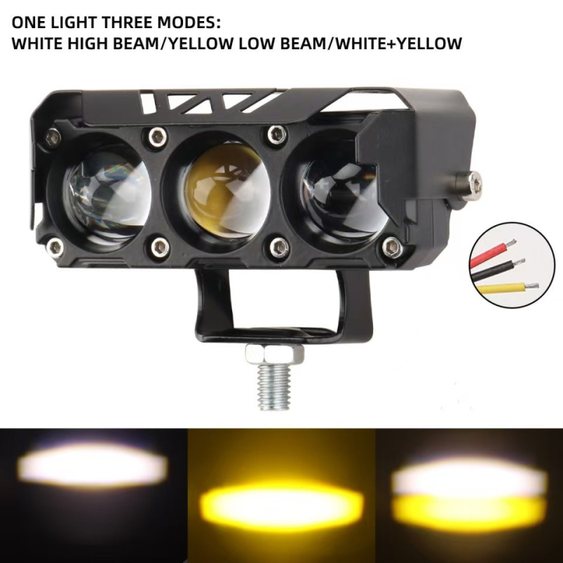 Proiector LED pentru motocicletă, două culori, trei lentile, fascicul înalt/joasă, far impermeabil cu lentile, corp din aluminiu, IP67, LED 18W