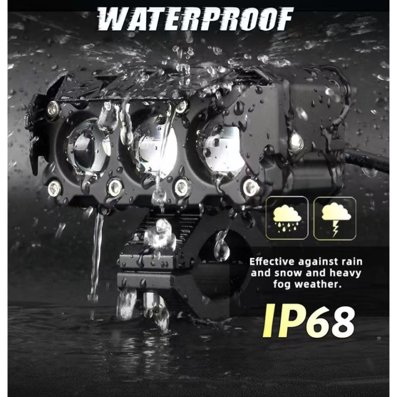 Proiector LED pentru motocicletă, două culori, trei lentile, fascicul înalt/joasă, far impermeabil cu lentile, corp din aluminiu, IP67, LED 18W