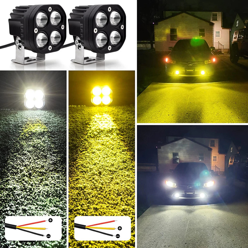 LED radna svjetiljka za vozila, 40W, kvadratni reflektor s četiri LED diode, 5D leća u obliku četverolistne djeteline, bijelo-žuta dvobojna