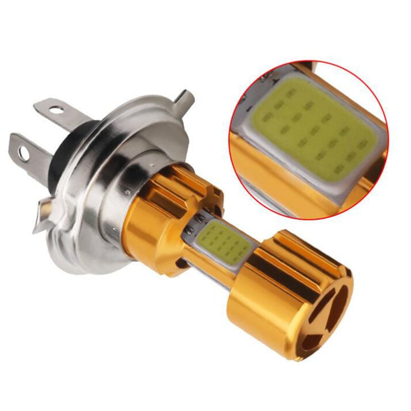 Motorkerékpár COB LED első lámpa, háromoldalú fény; kompatibilis H4 és H6 (egyszeres/dupla csatlakozás); bemenet 12V (12–80V univerzális opció); IP65; alumínium ház; akár 5000 lm, 8W