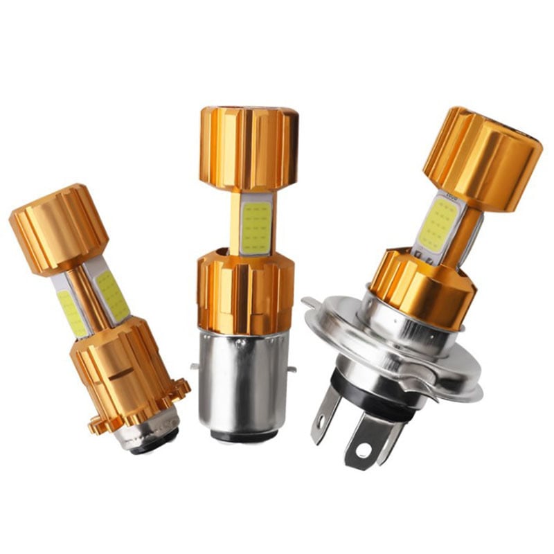 Motorkerékpár COB LED első lámpa, háromoldalú fény; kompatibilis H4 és H6 (egyszeres/dupla csatlakozás); bemenet 12V (12–80V univerzális opció); IP65; alumínium ház; akár 5000 lm, 8W