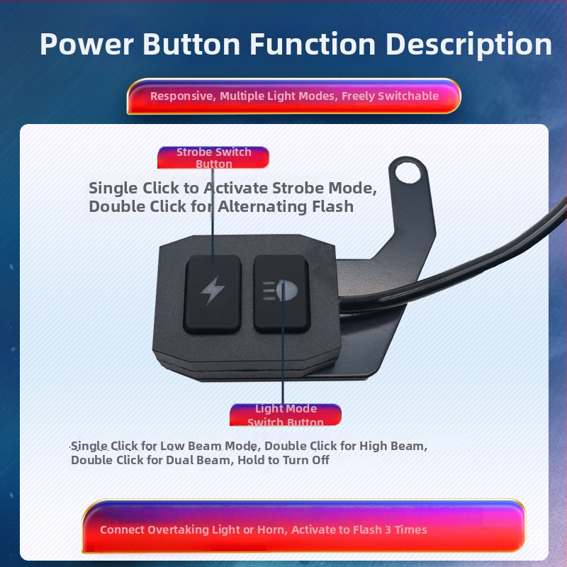 LED reflektor pre motocykl s káblovým ovládaním, vypínačom, Burst Flash, viacnásobné režimy – model A1, 100W, 12-36V, hliník