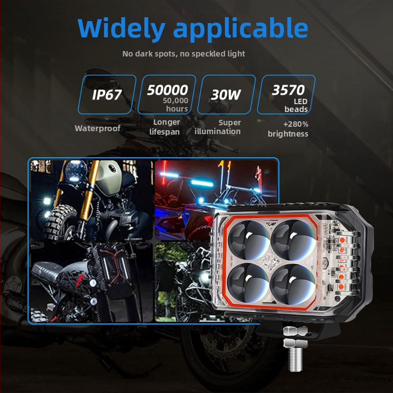 LED motocyklové svetlo s trojstranným štvorlístkom, 12V, IP67, hliníkové telo, 3570 LED