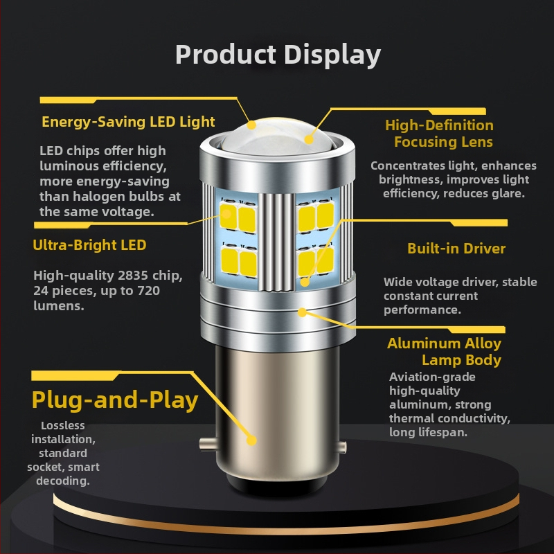 Far de motocicletă LED BAX15D, 2835x24 LED-uri, 6V, 5000 lm, IP65, cu lentilă