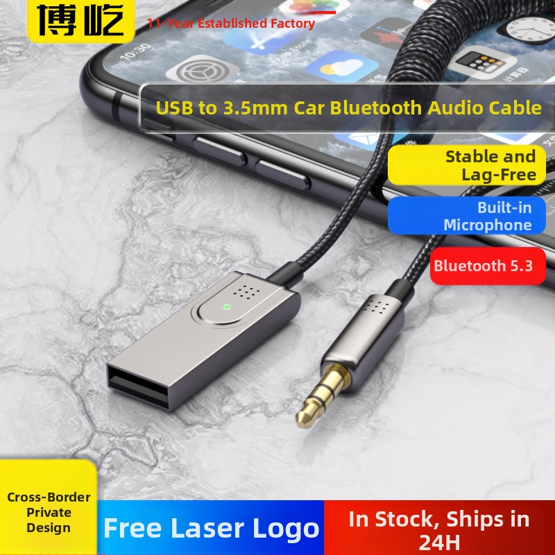 BY301 kábelový adaptér AUX Bluetooth do auta s USB a 3.5 mm, Bluetooth 5.0, hliníková zliatina puzdro, univerzálna kompatibilita auto zvuk, vstavaný silikónový mikrofón