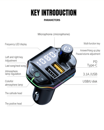 Automobilski Bluetooth MP3 player s FM transmitterom i dvostrukim USB punjačem — ABS kućište, ulaz 12V, snaga 75W, kompatibilan s većinom automobila