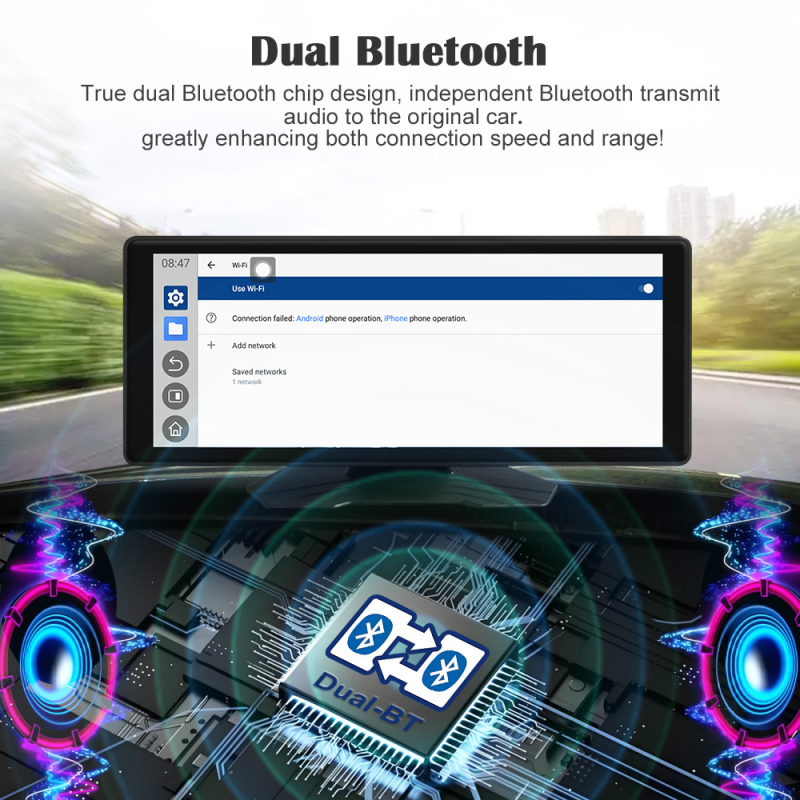 Navigacijski sustav za automobil s dvostrukim Wi‑Fi i Bluetoothom, YouTube, CarPlay i Android 13, HD zaslon 1920x720, napajanje 12–24V
