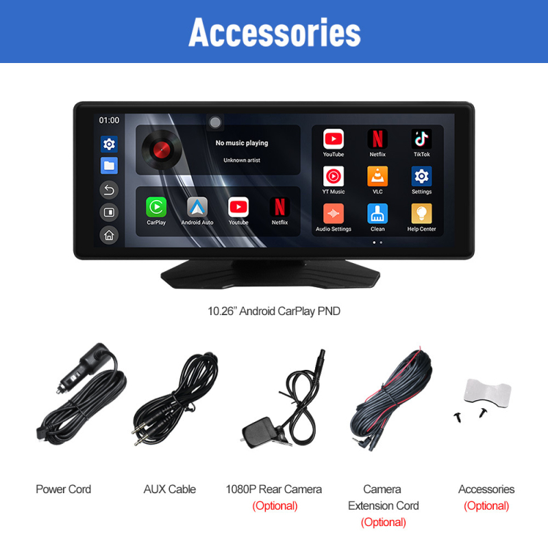 Navigacijski sustav za automobil s dvostrukim Wi‑Fi i Bluetoothom, YouTube, CarPlay i Android 13, HD zaslon 1920x720, napajanje 12–24V
