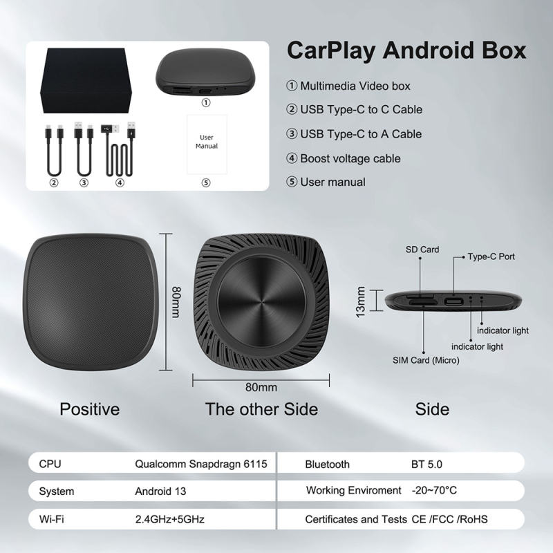 AI box CarPlay na Android 13, 8GB RAM, 128GB ROM, Qualcomm 6115, model KPL070