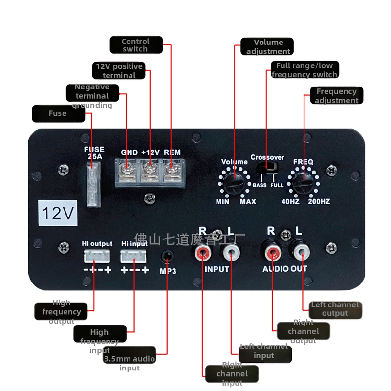 Automobiļu skaņu pastiprinātāja plate — 12V, 120W, 20Hz–20kHz, 2–8 Ω