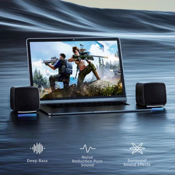 Datora galvas skaļruņi ar subwooferu — 2.0 kanālu, 6W jauda, USB barošana, 3,5 mm ieeja, frekvenču diapazons 40 Hz–20 kHz