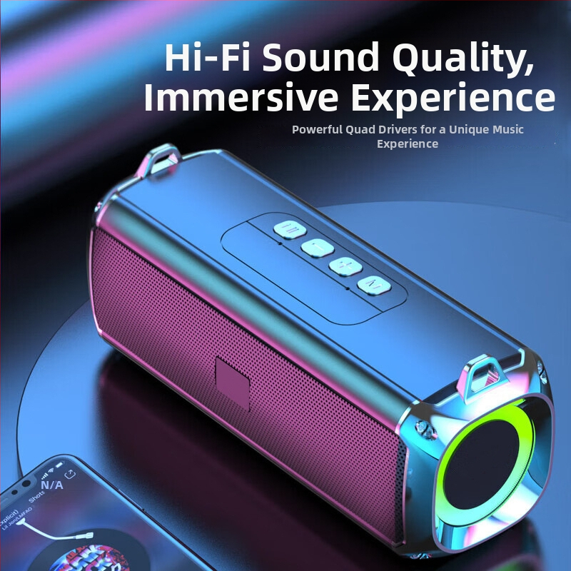 Prenosný bezdrôtový Bluetooth reproduktor s RGB osvetlením a remienkom, 2 reproduktory, 5W, Bluetooth 5.0, IPx3, vstavaná batéria 1200–2000 mAh