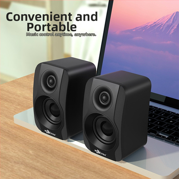 Datora skaļruņi ar USB + 3,5 mm ieeju, 2.0 stereo, 40 Hz–20 kHz, SNR ≥75 dB, līdz 8 stundām atskaņošanai