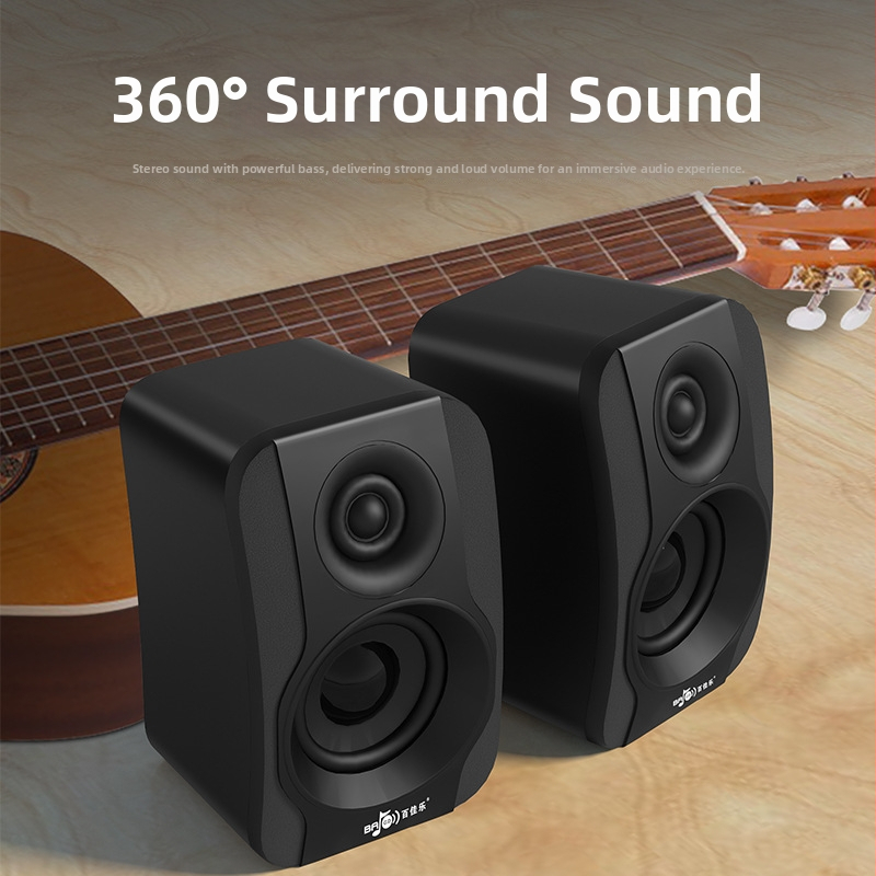 Datora skaļruņi ar USB + 3,5 mm ieeju, 2.0 stereo, 40 Hz–20 kHz, SNR ≥75 dB, līdz 8 stundām atskaņošanai