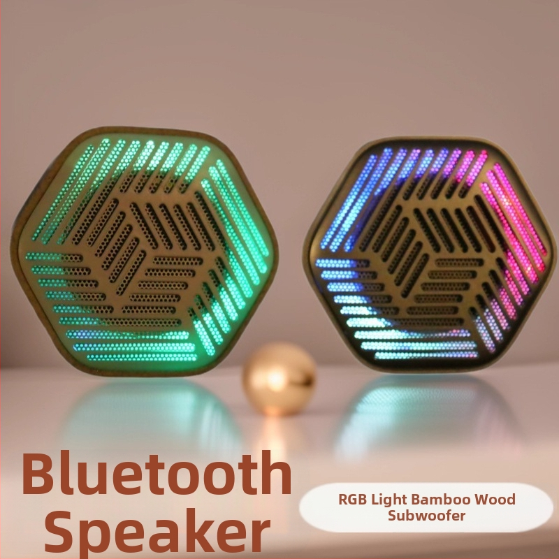 Mini Bluetooth reproduktor s RGB osvetlením - ekologické bambusové telo, 5W, Bluetooth 5.3, 100Hz-20kHz, SNR ≥95dB