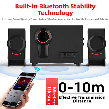 Koka 2.1 multimediju datoru skaļruņu sistēma; USB barošana, Bluetooth 4.1 un 3,5 mm AUX; jaudas izvadā 10W + 3W×2; frekvenču diapazons 20 Hz–18 kHz; koka korpuss