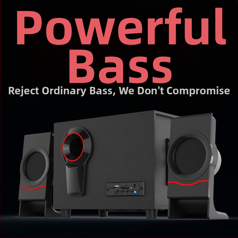 Koka 2.1 multimediju datoru skaļruņu sistēma; USB barošana, Bluetooth 4.1 un 3,5 mm AUX; jaudas izvadā 10W + 3W×2; frekvenču diapazons 20 Hz–18 kHz; koka korpuss