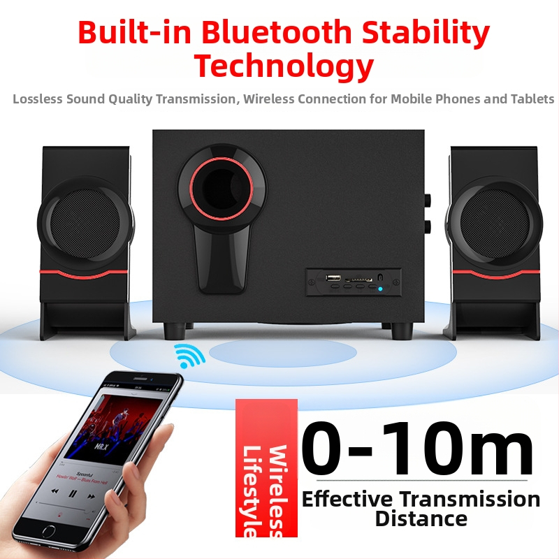 Koka 2.1 multimediju datoru skaļruņu sistēma; USB barošana, Bluetooth 4.1 un 3,5 mm AUX; jaudas izvadā 10W + 3W×2; frekvenču diapazons 20 Hz–18 kHz; koka korpuss