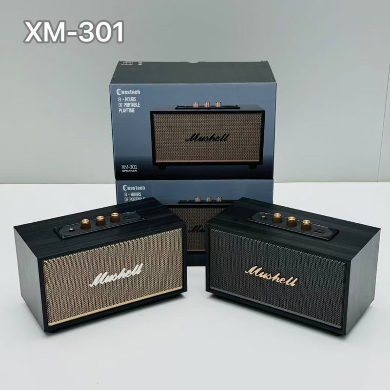 XM301 Retro Bluetooth reproduktor – drevené a kožené puzdro, vonkajší prenosný subwoofer, 4 reproduktory, Bluetooth 5.0, 40Hz-20kHz, SNR ≥100dB, vstavaná batéria 2000-4000mAh