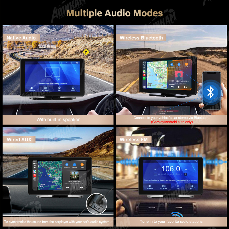 Prenosivi auto LCD monitor s MP5 playerom i navigacijom PND, Bluetooth CarPlay, IPS zaslon, 1024×600, ulaz 12–24V, Wi‑Fi 2,4 GHz (Model P70-PND)