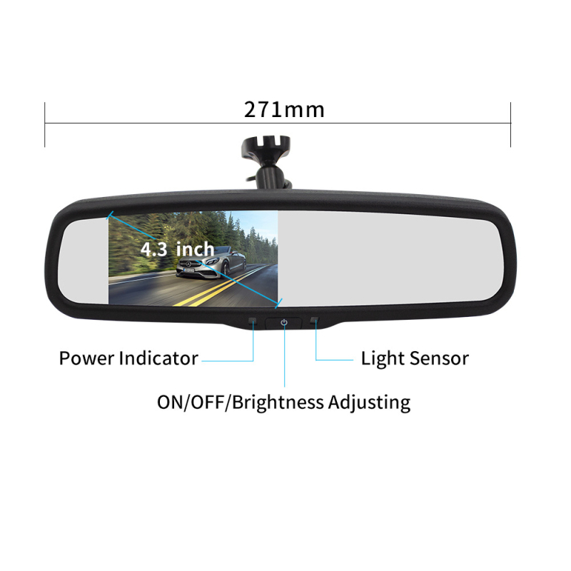 Automobilski LCD zaslon za retrovizor, model PZ705-A, TFT-LCD, rezolucija 800x480, 2-kanalni AV ulaz, PAL/NTSC kompatibilan