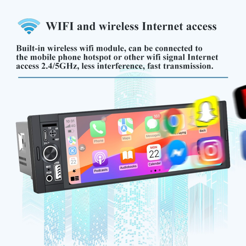 Display central universal pentru mașină cu navigație GPS și CarPlay wireless, ecran IPS 1280x480, alimentare 12V-24V