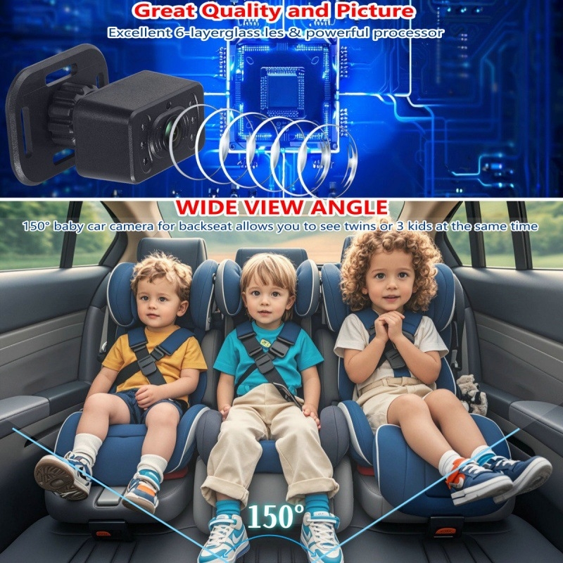Automobilski bebi monitor s dvostrukim zaslonom i infracrvenim noćnim vidom, 720P, 360° rotacija, KB69, napajanje 12V