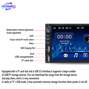 Automobilski MP5 player s dodirnim zaslonom, Bluetooth i Mirror Link — CarPlay opcionalno; Model 7042b; TFT zaslon; Razlučivost 800×480/1024×600; Univerzalna kompatibilnost; Težina 2 kg