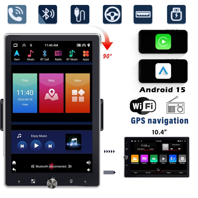 Android automobilski navigacijski sustav od 10,4 inča s motorno rotirajućim zaslonom, horizontalni/portretni način, CarPlay i stražnja kamera