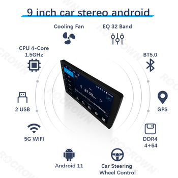 Android auto GPS navigacijski radio s CarPlay — RK3326, 2GB RAM + 64GB ROM, QLED/IPS zaslon, napajanje 12V, 4x45W, univerzalna kompatibilnost