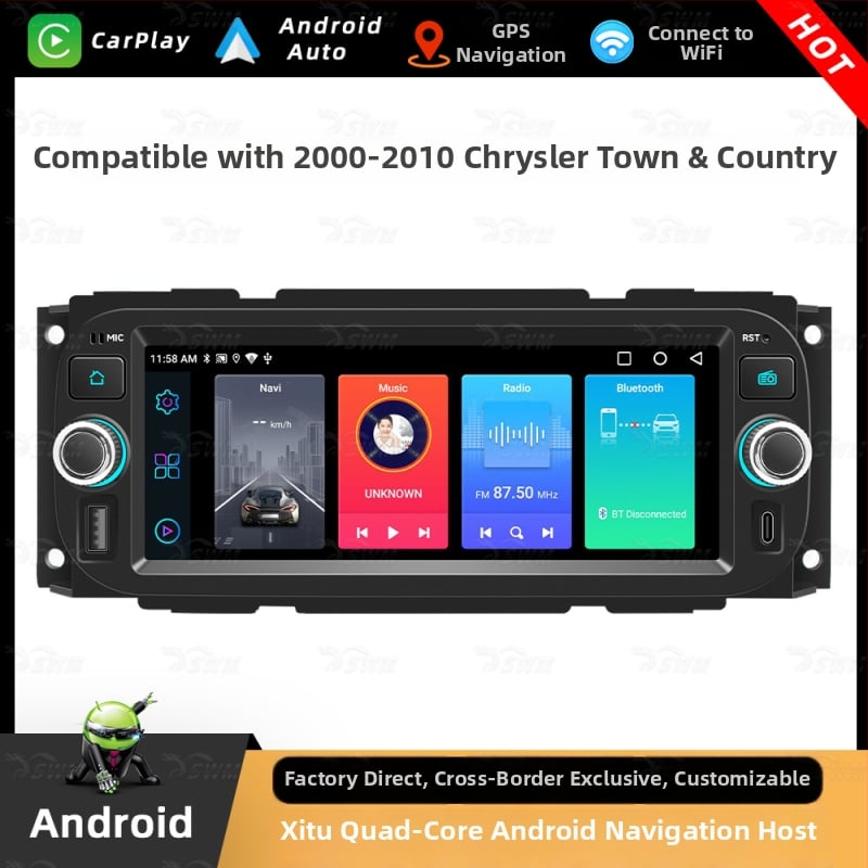 Display navigațional cu CarPlay wireless pentru Chrysler Grand Voyager (2000–2010), ecran tactil, alimentare 12–14.4V, 60W×4