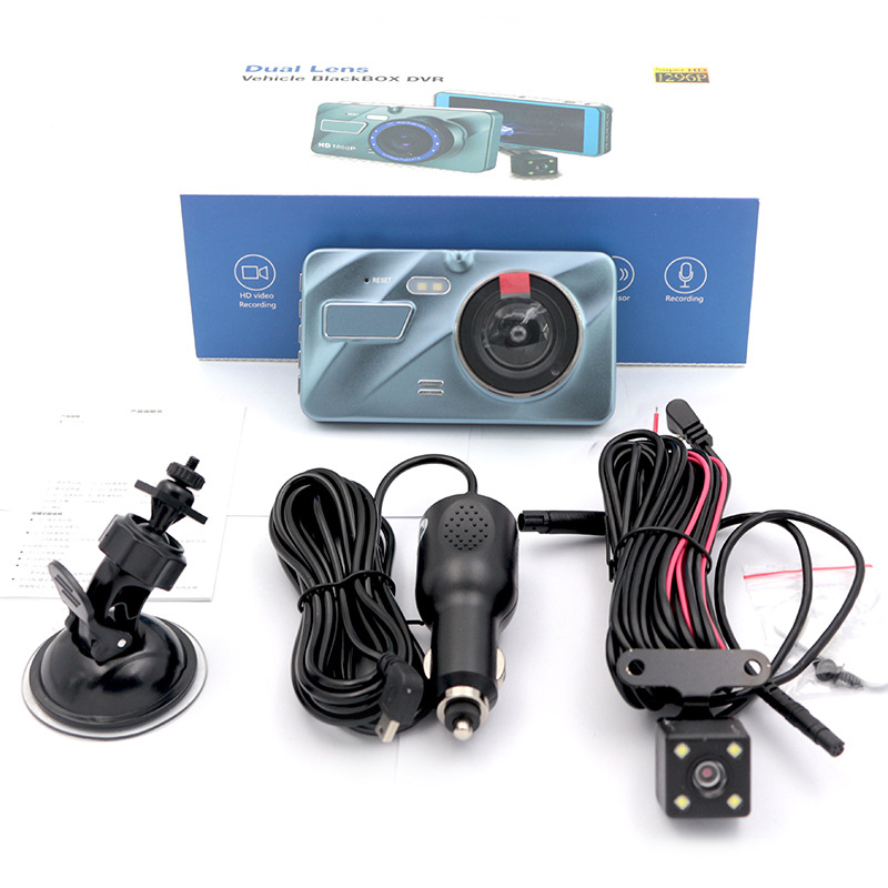 4-inčni automobilni dash cam s HD noćnim vidom, prednjom i stražnjom dvostrukim objektivom, Wi‑Fi, dodirni zaslon i GPS