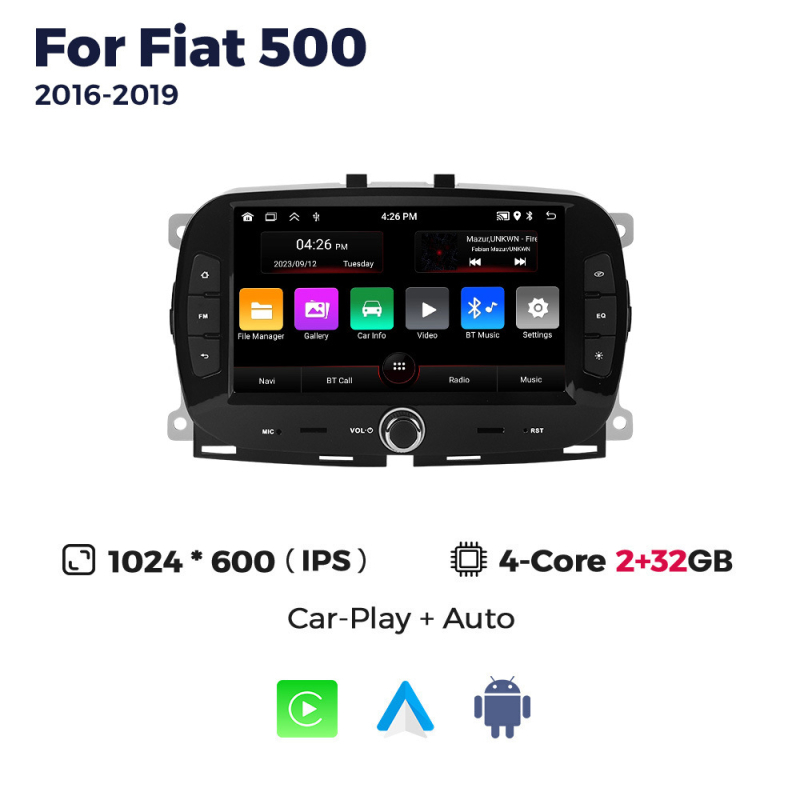 7-inčni Android navigacijski sustav za Fiat 500 (2016–2019) s IPS kapacitivnim dodirnim zaslonom, CAN bus