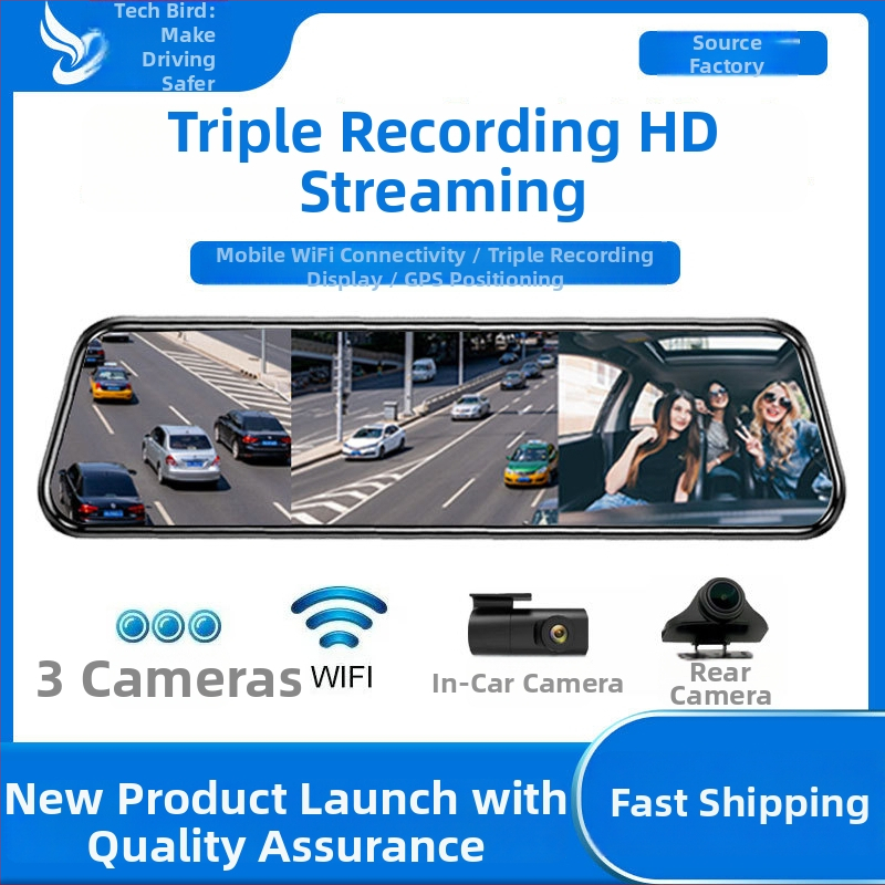 10-inčni auto DVR s punim zaslonom i tri objektiva, dodirni zaslon, 1080p HD snimanje – naprijed, natrag i u unutrašnjost