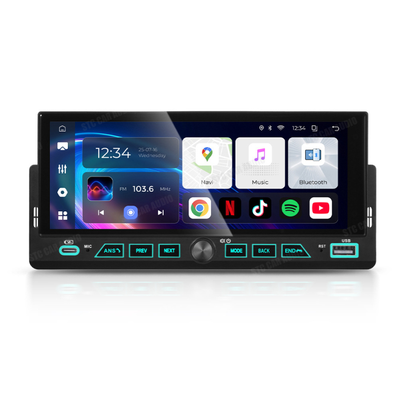 CarPlay All-in-One navigacijski sustav u jednom DIN kućištu s tipkama, GPS, napajanje 12V, 4×45W izlaz, memorija 2G+32G ili 4G+64G, 2.5D kaljeno zaslon