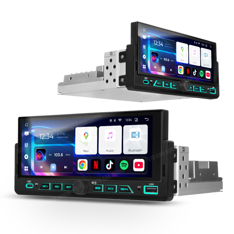 CarPlay All-in-One navigacijski sustav u jednom DIN kućištu s tipkama, GPS, napajanje 12V, 4×45W izlaz, memorija 2G+32G ili 4G+64G, 2.5D kaljeno zaslon