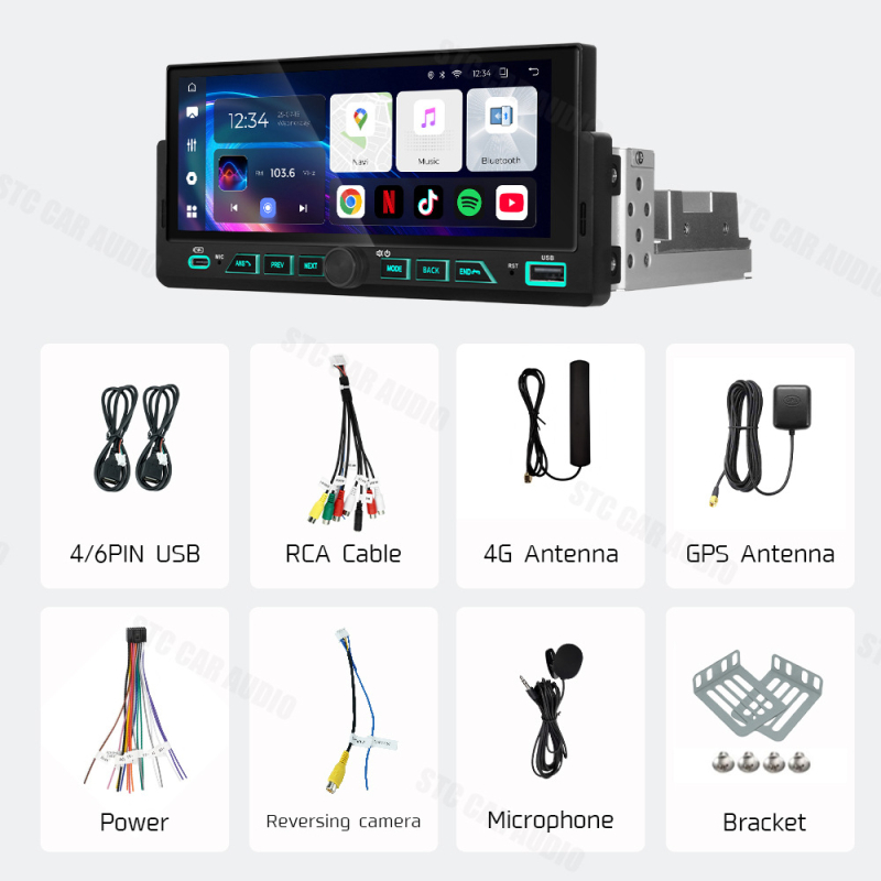 CarPlay All-in-One navigacijski sustav u jednom DIN kućištu s tipkama, GPS, napajanje 12V, 4×45W izlaz, memorija 2G+32G ili 4G+64G, 2.5D kaljeno zaslon