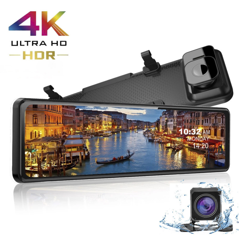 12-inčni ogledalo dash cam s prednjom i stražnjom kamerom, 4K + 1080P, WiFi