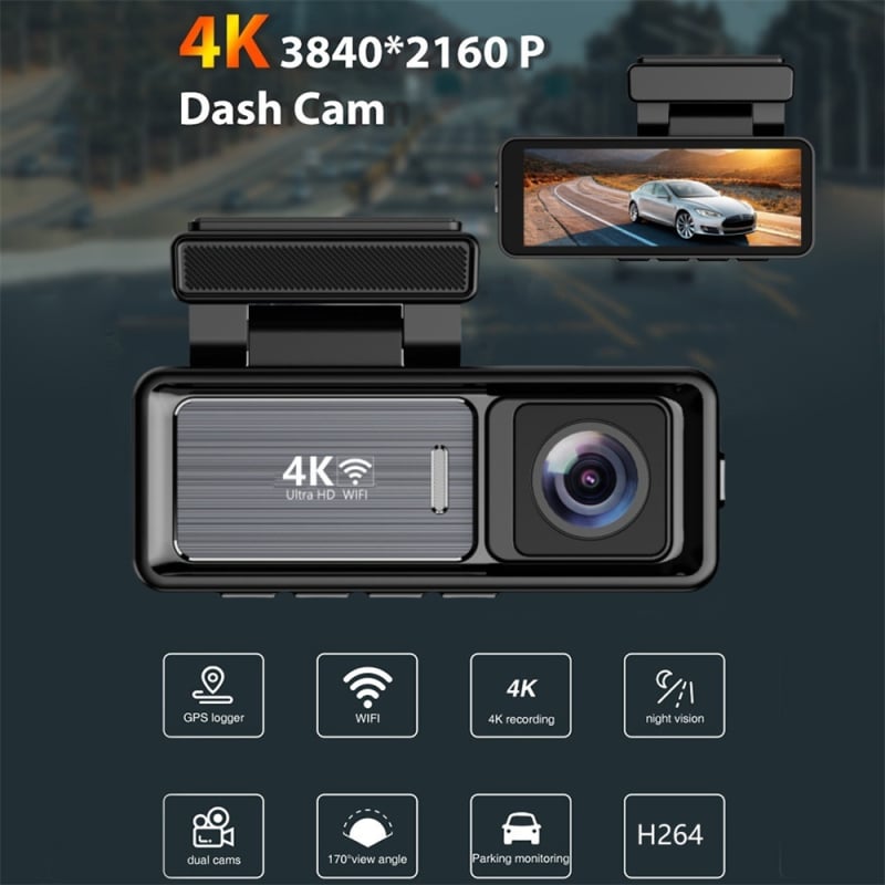 Cameră auto 4K cu înregistrare duală față-spate, viziune nocturnă, WiFi, unghi de vizualizare 170°