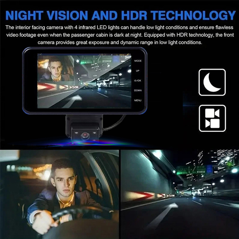 Dashcam za automobil s infracrvenim noćnim vidom, prednja i unutarnja kamera, sve-u-jednom uređaj, Wi-Fi i reprodukcija na telefonu