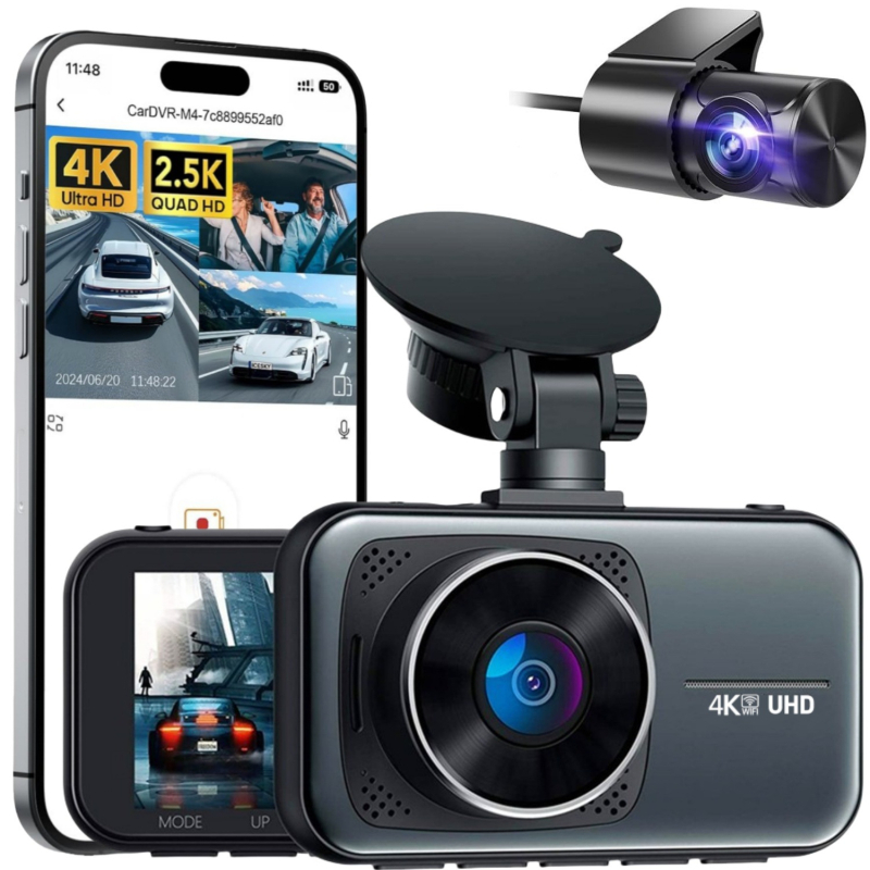 Dualni auto dash cam s prednjom i stražnjom snimkom, 2160P rezolucija, 170° širokokutni objektiv, podrška microSD do 256GB, Wi‑Fi povezanost